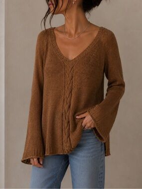 One Teaspoon Camel V-Neck Cable Knit Sweater